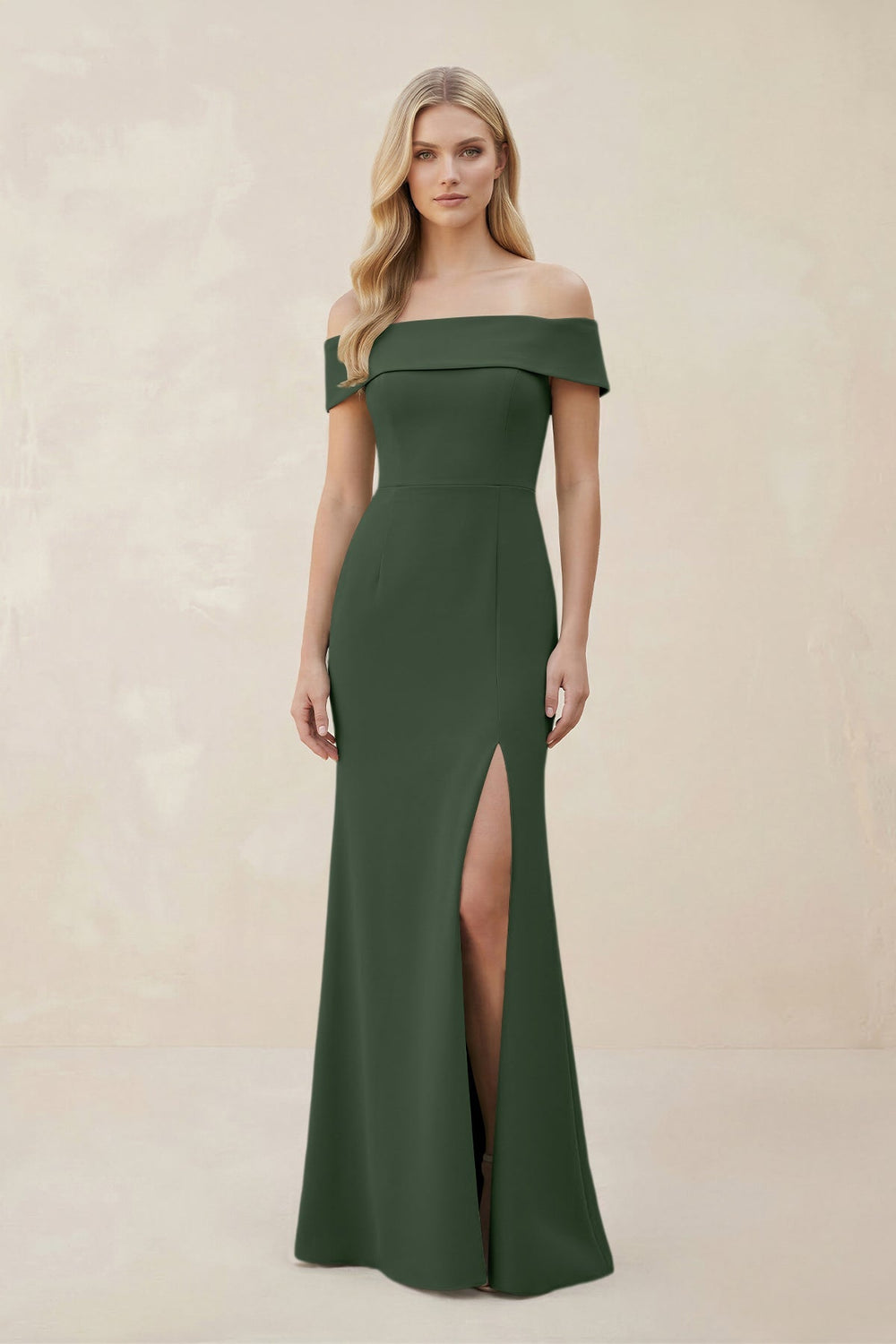 Off - the - Shoulder Satin Sheath Bridesmaid Dress With Slit in Moss - KISS BRIDAL Bridesmaid Dresses