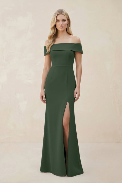 Off - the - Shoulder Satin Sheath Bridesmaid Dress With Slit in Moss - KISS BRIDAL Bridesmaid Dresses