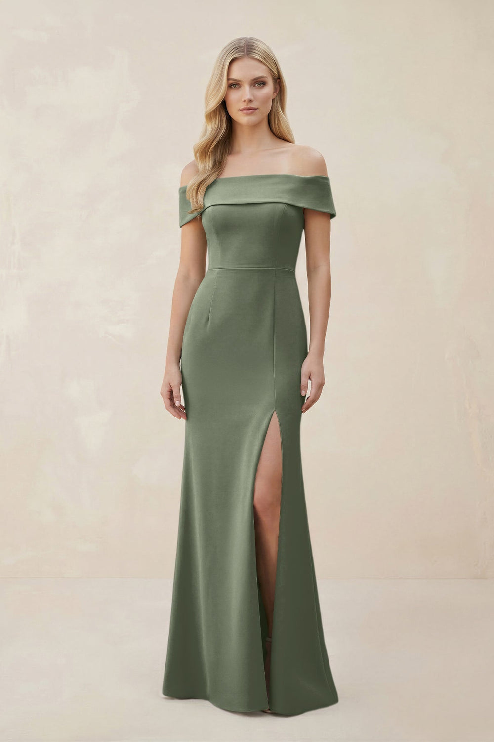 Off - the - Shoulder Satin Sheath Bridesmaid Dress With Slit in Moss Green - SHE IS ME Bridesmaid Dresses