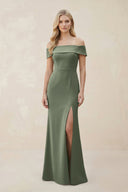 Off - the - Shoulder Satin Sheath Bridesmaid Dress With Slit in Moss Green - KISS BRIDAL Bridesmaid Dresses