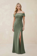Off - the - Shoulder Satin Sheath Bridesmaid Dress With Slit in Moss Green - KISS BRIDAL Bridesmaid Dresses