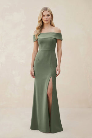 Off - the - Shoulder Satin Sheath Bridesmaid Dress With Slit in Moss Green - KISS BRIDAL Bridesmaid Dresses