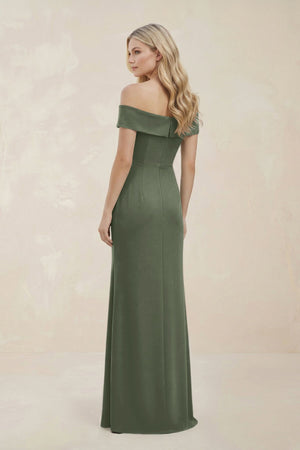 Off - the - Shoulder Satin Sheath Bridesmaid Dress With Slit in Moss Green - KISS BRIDAL Bridesmaid Dresses