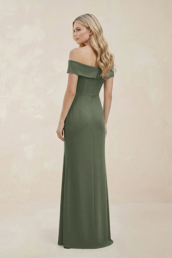Off - the - Shoulder Satin Sheath Bridesmaid Dress With Slit in Moss Green - KISS BRIDAL Bridesmaid Dresses