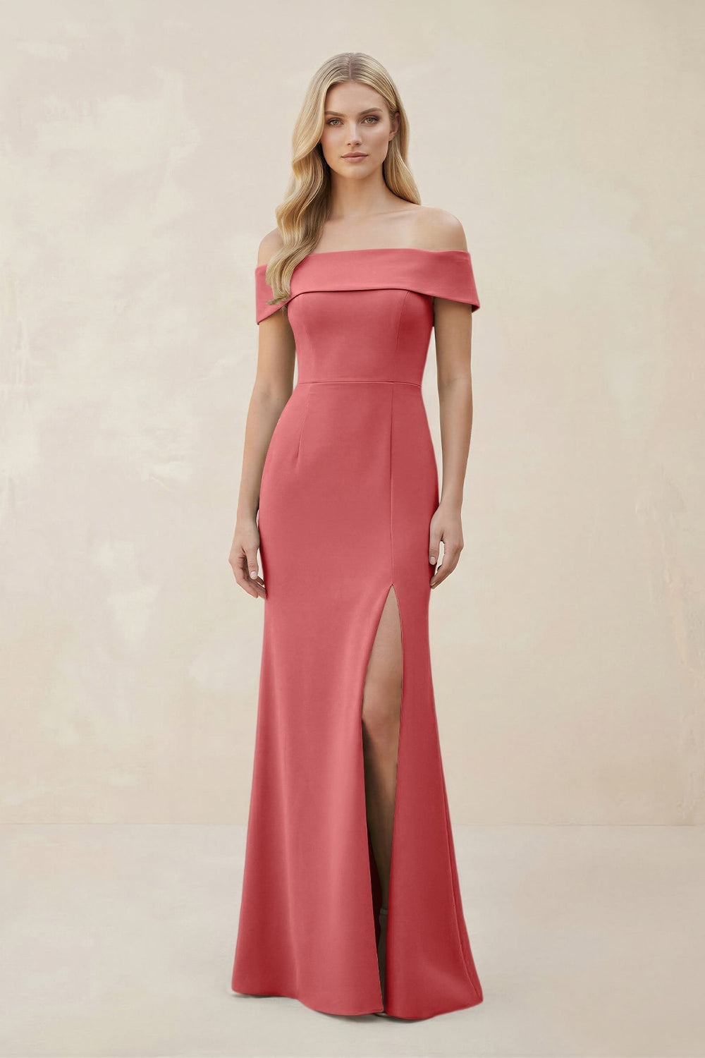 Off - the - Shoulder Satin Sheath Bridesmaid Dress With Slit in Mulberry - SHE IS ME Bridesmaid Dresses