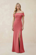 Off - the - Shoulder Satin Sheath Bridesmaid Dress With Slit in Mulberry - KISS BRIDAL Bridesmaid Dresses