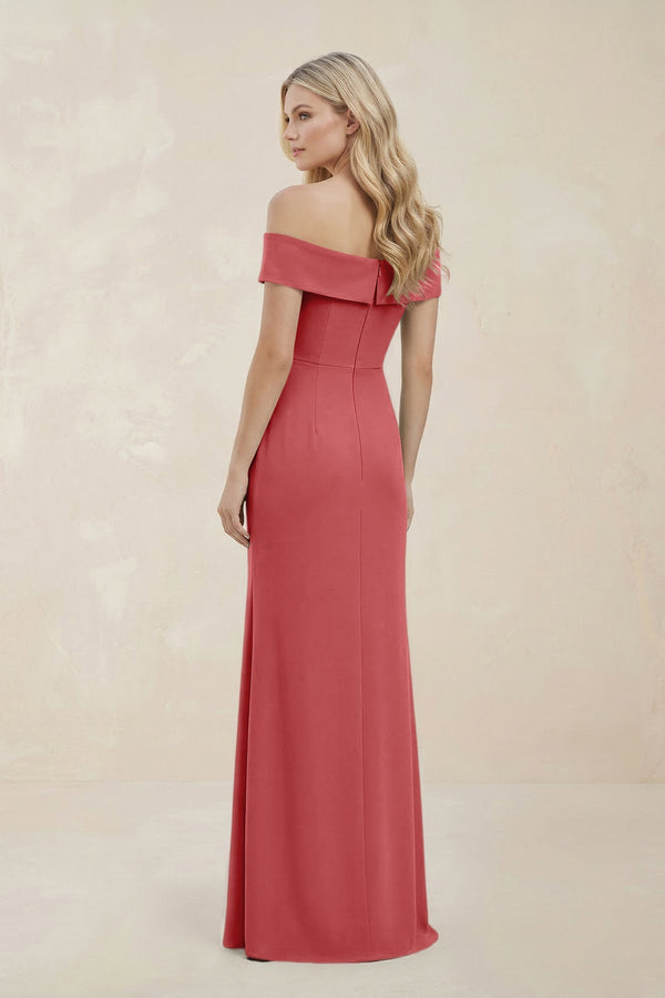 Off - the - Shoulder Satin Sheath Bridesmaid Dress With Slit in Mulberry - KISS BRIDAL Bridesmaid Dresses