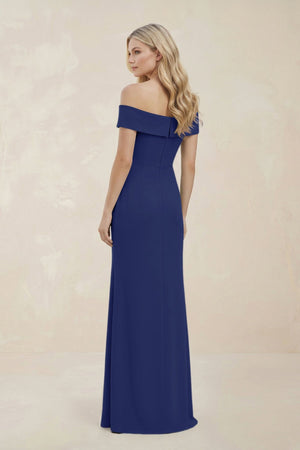 Off - the - Shoulder Satin Sheath Bridesmaid Dress With Slit in Navy - KISS BRIDAL Bridesmaid Dresses