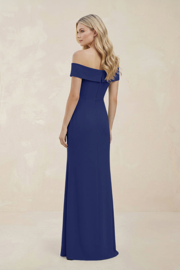 Off - the - Shoulder Satin Sheath Bridesmaid Dress With Slit in Navy - KISS BRIDAL Bridesmaid Dresses