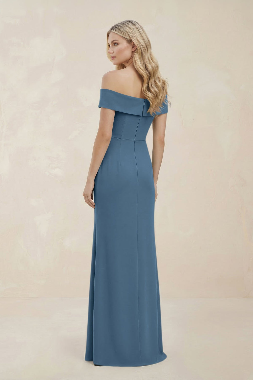 Off - the - Shoulder Satin Sheath Bridesmaid Dress With Slit in Neptune - SHE IS ME Bridesmaid Dresses