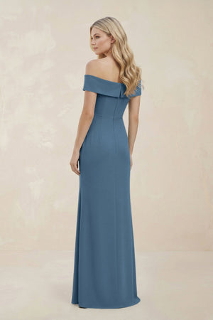 Off - the - Shoulder Satin Sheath Bridesmaid Dress With Slit in Neptune - KISS BRIDAL Bridesmaid Dresses
