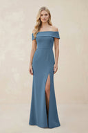 Off - the - Shoulder Satin Sheath Bridesmaid Dress With Slit in Neptune - KISS BRIDAL Bridesmaid Dresses