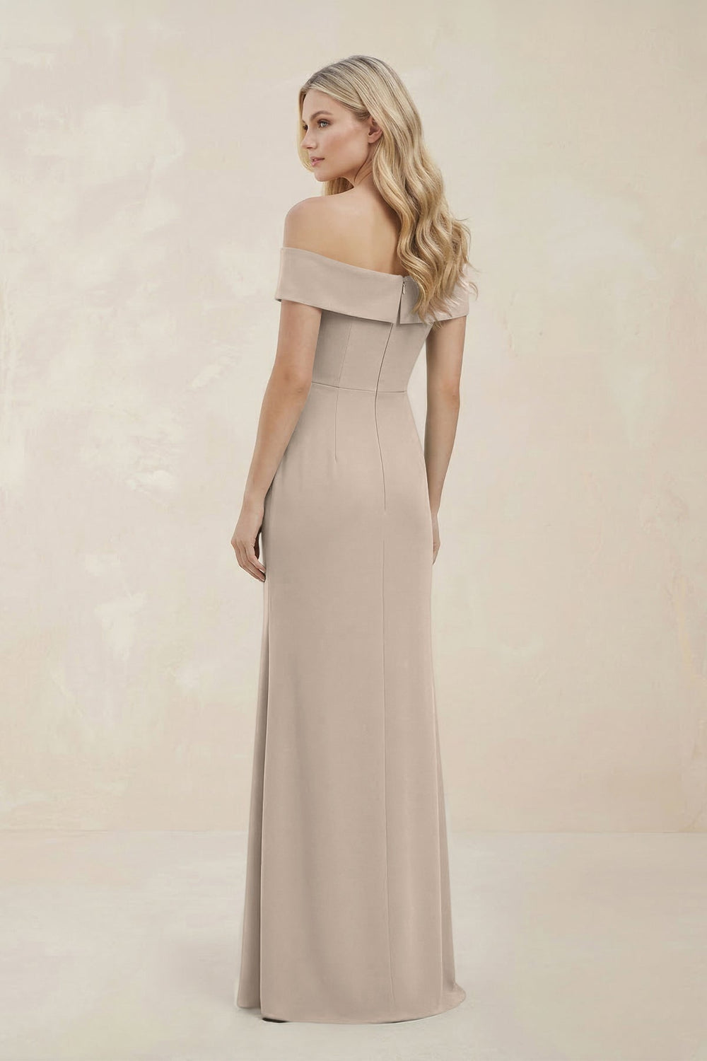 Off - the - Shoulder Satin Sheath Bridesmaid Dress With Slit in Neutral Champagne - KISS BRIDAL Bridesmaid Dresses