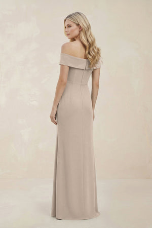 Off - the - Shoulder Satin Sheath Bridesmaid Dress With Slit in Neutral Champagne - KISS BRIDAL Bridesmaid Dresses