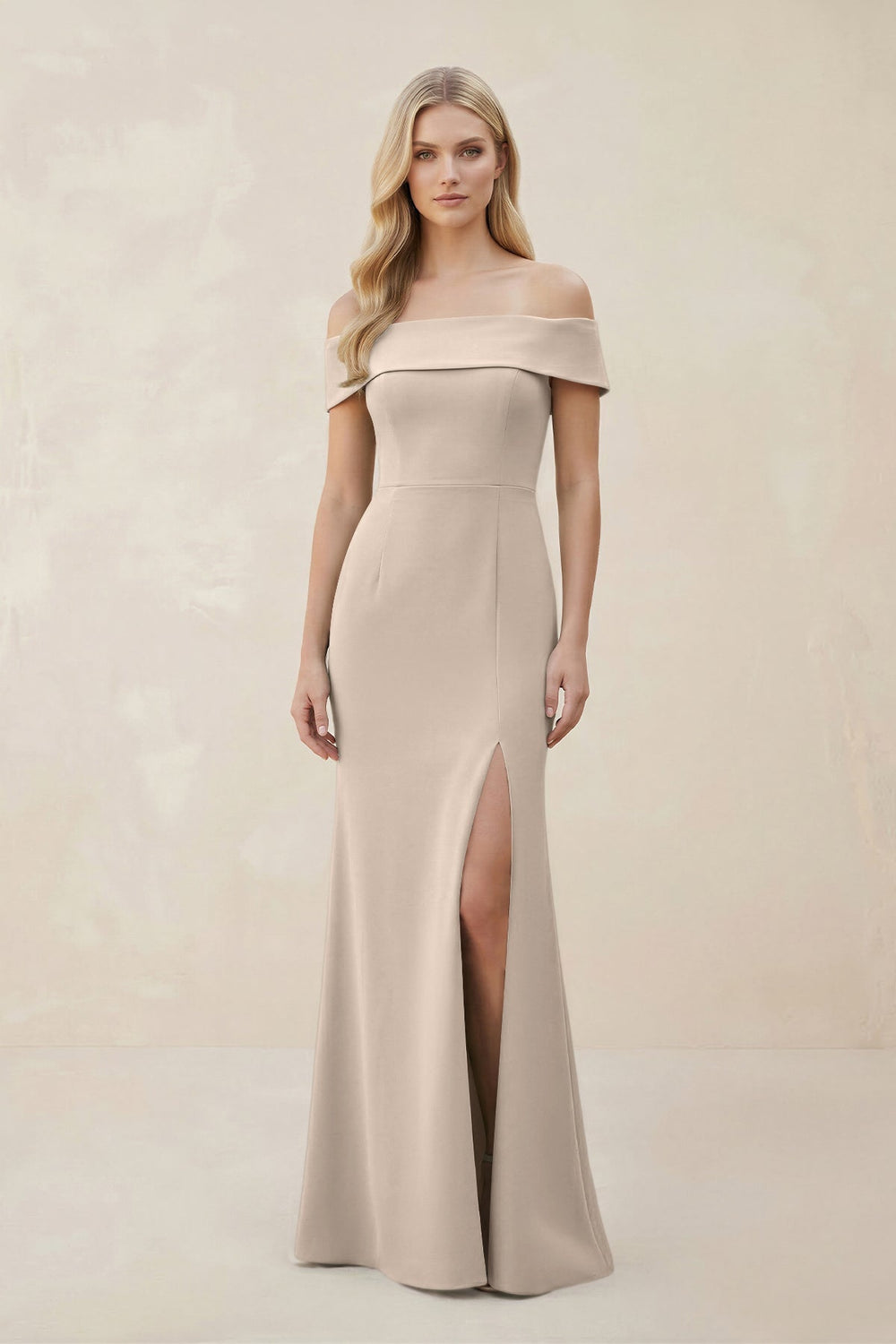 Off - the - Shoulder Satin Sheath Bridesmaid Dress With Slit in Neutral Champagne - KISS BRIDAL Bridesmaid Dresses