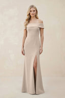 Off - the - Shoulder Satin Sheath Bridesmaid Dress With Slit in Neutral Champagne - KISS BRIDAL Bridesmaid Dresses