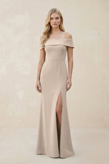 Off - the - Shoulder Satin Sheath Bridesmaid Dress With Slit in Neutral Champagne - KISS BRIDAL Bridesmaid Dresses