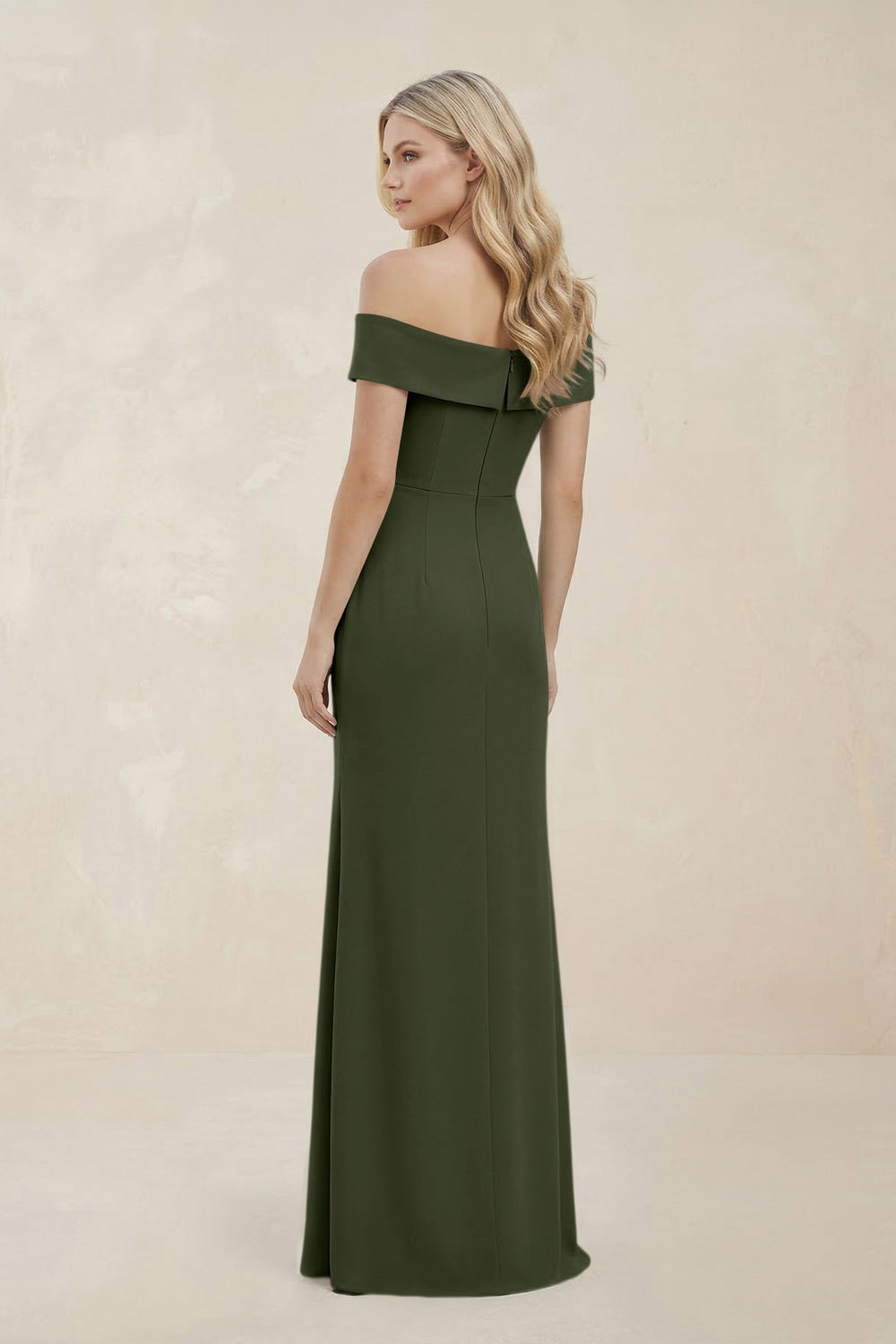 Off - the - Shoulder Satin Sheath Bridesmaid Dress With Slit in Olive - SHE IS ME Bridesmaid Dresses