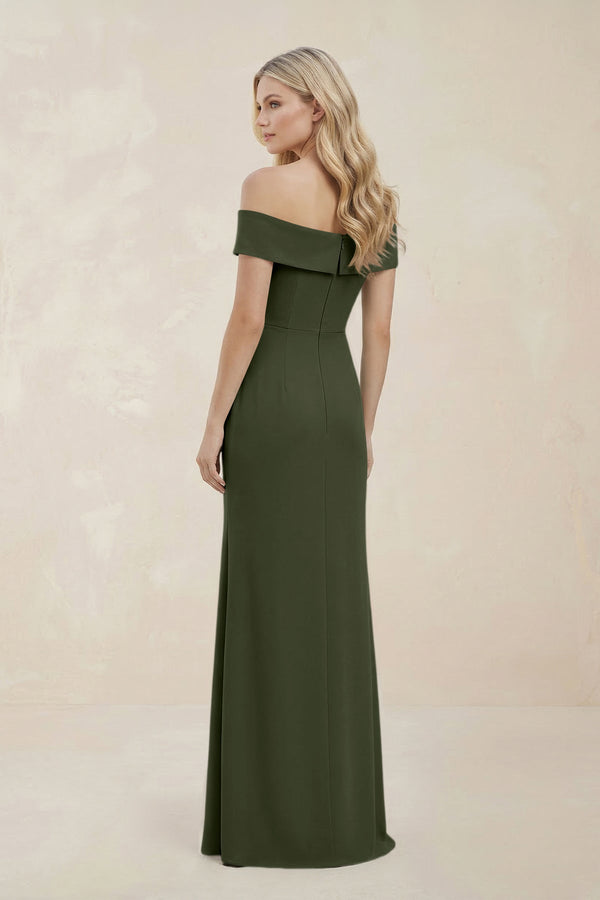 Off - the - Shoulder Satin Sheath Bridesmaid Dress With Slit in Olive - KISS BRIDAL Bridesmaid Dresses