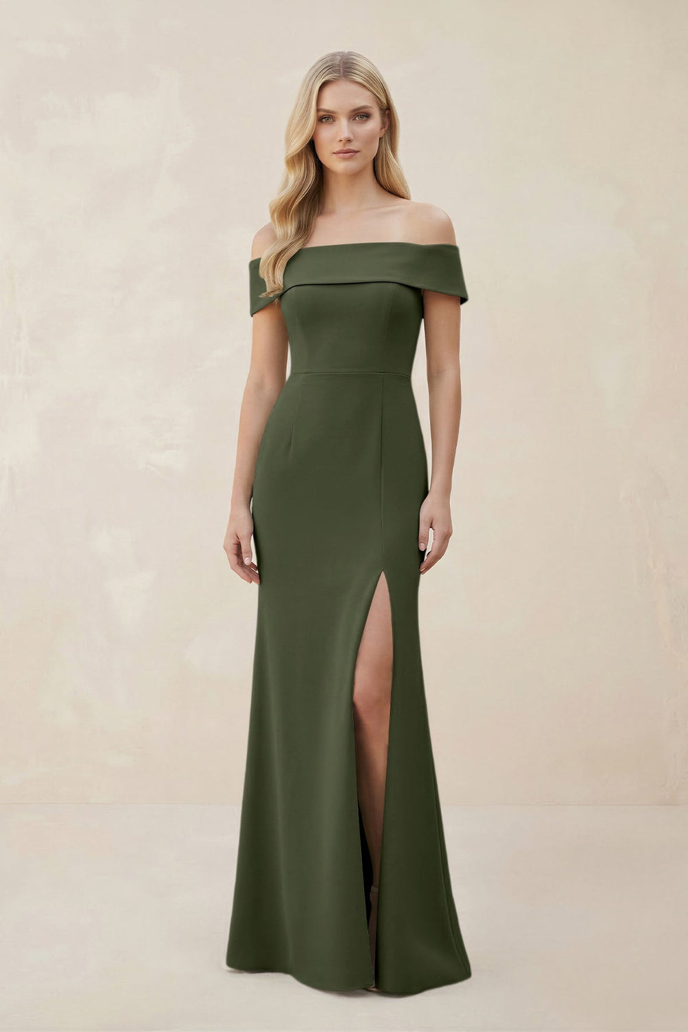 Off - the - Shoulder Satin Sheath Bridesmaid Dress With Slit in Olive - SHE IS ME Bridesmaid Dresses