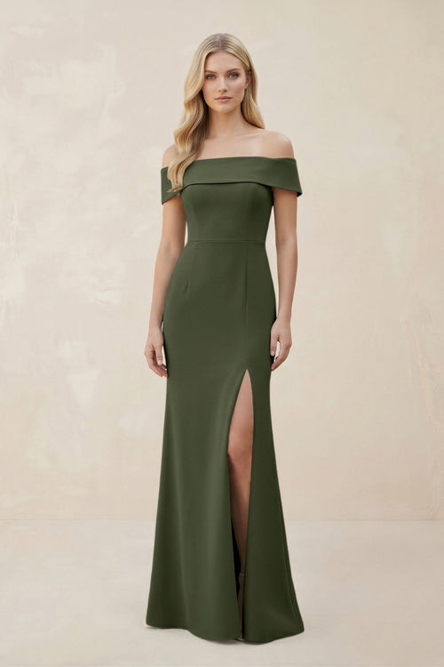 Off - the - Shoulder Satin Sheath Bridesmaid Dress With Slit in Olive - KISS BRIDAL Bridesmaid Dresses