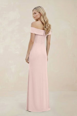 Off - the - Shoulder Satin Sheath Bridesmaid Dress With Slit in Pale Blush - KISS BRIDAL Bridesmaid Dresses