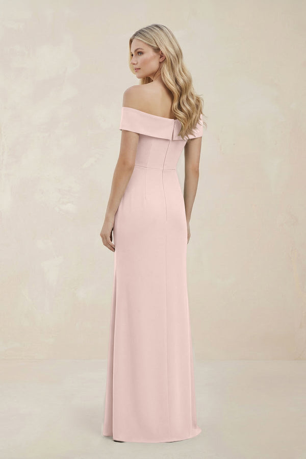 Off - the - Shoulder Satin Sheath Bridesmaid Dress With Slit in Pale Blush - KISS BRIDAL Bridesmaid Dresses