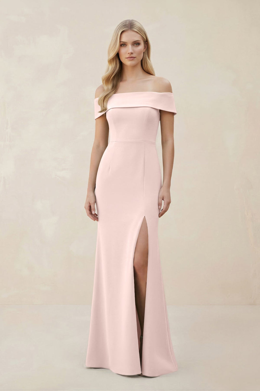 Off - the - Shoulder Satin Sheath Bridesmaid Dress With Slit in Pale Blush - SHE IS ME Bridesmaid Dresses