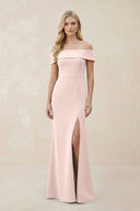 Off - the - Shoulder Satin Sheath Bridesmaid Dress With Slit in Pale Blush - KISS BRIDAL Bridesmaid Dresses