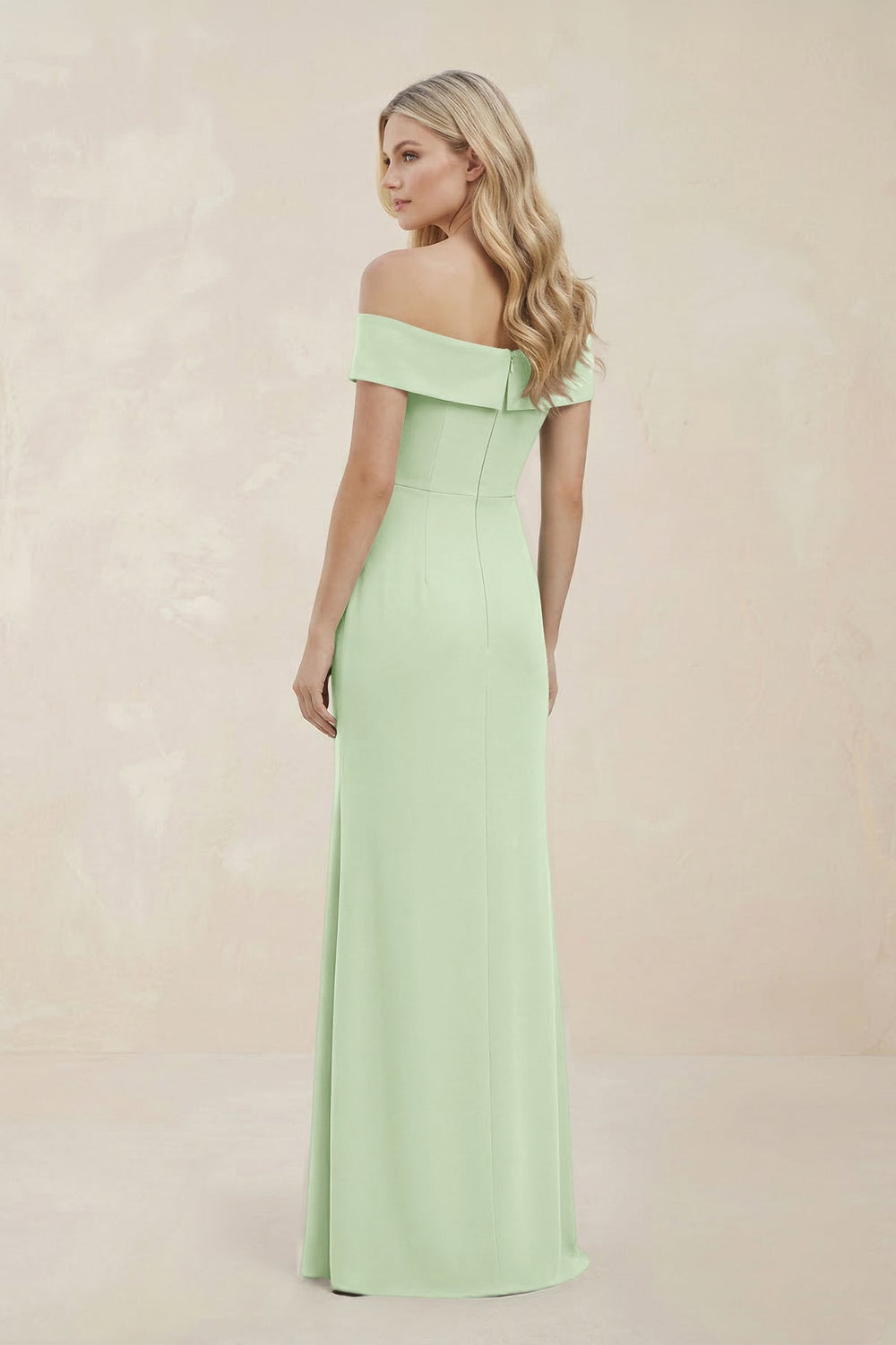 Off - the - Shoulder Satin Sheath Bridesmaid Dress With Slit in Pale Pistachio - SHE IS ME Bridesmaid Dresses