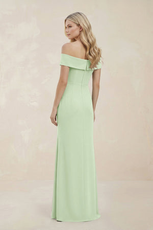 Off - the - Shoulder Satin Sheath Bridesmaid Dress With Slit in Pale Pistachio - KISS BRIDAL Bridesmaid Dresses