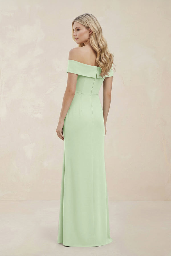 Off - the - Shoulder Satin Sheath Bridesmaid Dress With Slit in Pale Pistachio - KISS BRIDAL Bridesmaid Dresses