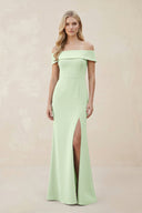 Off - the - Shoulder Satin Sheath Bridesmaid Dress With Slit in Pale Pistachio - KISS BRIDAL Bridesmaid Dresses