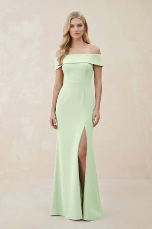 Off - the - Shoulder Satin Sheath Bridesmaid Dress With Slit in Pale Pistachio - KISS BRIDAL Bridesmaid Dresses