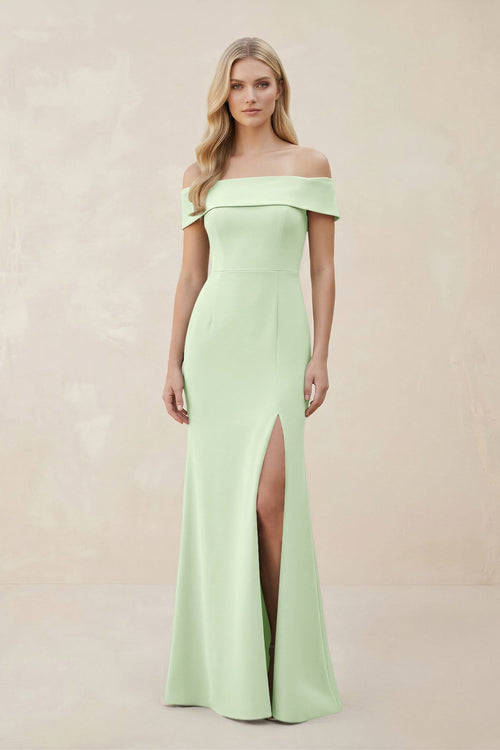Off - the - Shoulder Satin Sheath Bridesmaid Dress With Slit in Pale Pistachio - KISS BRIDAL Bridesmaid Dresses