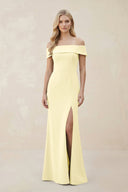Off - the - Shoulder Satin Sheath Bridesmaid Dress With Slit in Pastel Yellow - KISS BRIDAL Bridesmaid Dresses