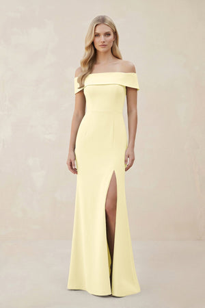 Off - the - Shoulder Satin Sheath Bridesmaid Dress With Slit in Pastel Yellow - KISS BRIDAL Bridesmaid Dresses