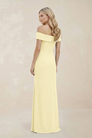 Off - the - Shoulder Satin Sheath Bridesmaid Dress With Slit in Pastel Yellow - KISS BRIDAL Bridesmaid Dresses