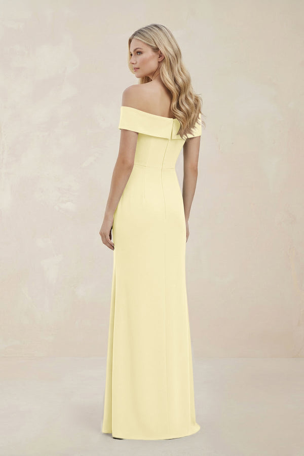 Off - the - Shoulder Satin Sheath Bridesmaid Dress With Slit in Pastel Yellow - KISS BRIDAL Bridesmaid Dresses