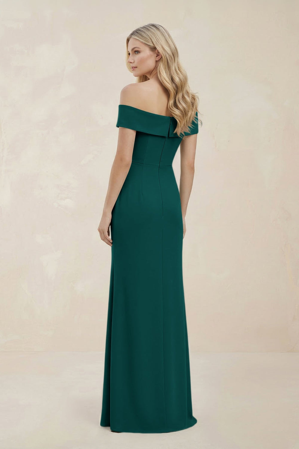 Off - the - Shoulder Satin Sheath Bridesmaid Dress With Slit in Pine - SHE IS ME Bridesmaid Dresses