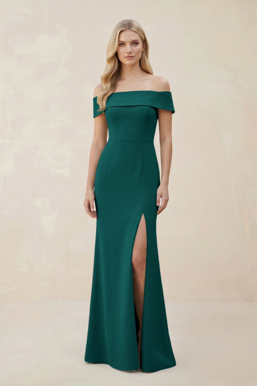 Off - the - Shoulder Satin Sheath Bridesmaid Dress With Slit in Pine - SHE IS ME Bridesmaid Dresses