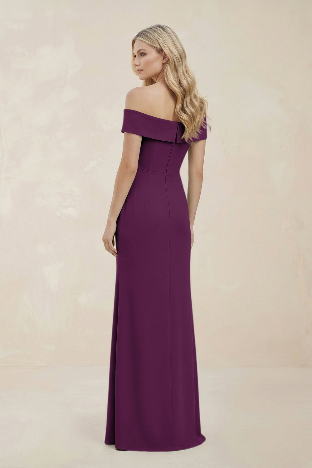 Off - the - Shoulder Satin Sheath Bridesmaid Dress With Slit in Plum - KISS BRIDAL Bridesmaid Dresses