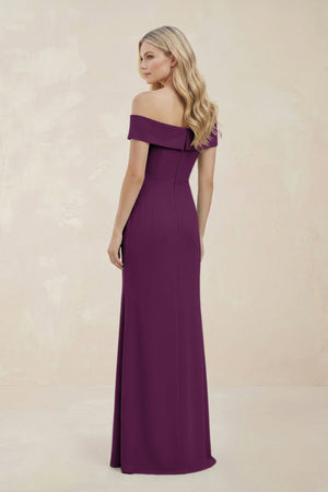 Off - the - Shoulder Satin Sheath Bridesmaid Dress With Slit in Plum - KISS BRIDAL Bridesmaid Dresses