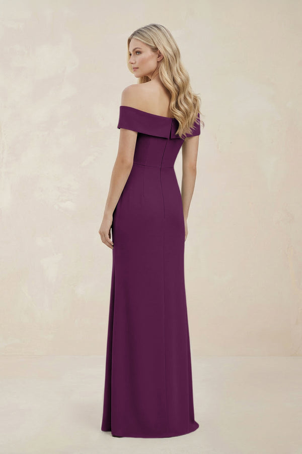 Off - the - Shoulder Satin Sheath Bridesmaid Dress With Slit in Plum - KISS BRIDAL Bridesmaid Dresses