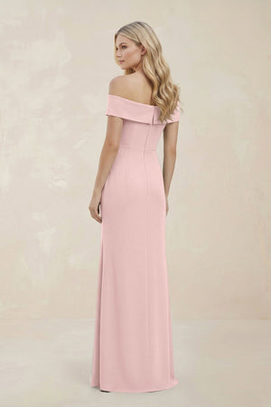 Off - the - Shoulder Satin Sheath Bridesmaid Dress With Slit in Rose Petal - SHE IS ME Bridesmaid Dresses
