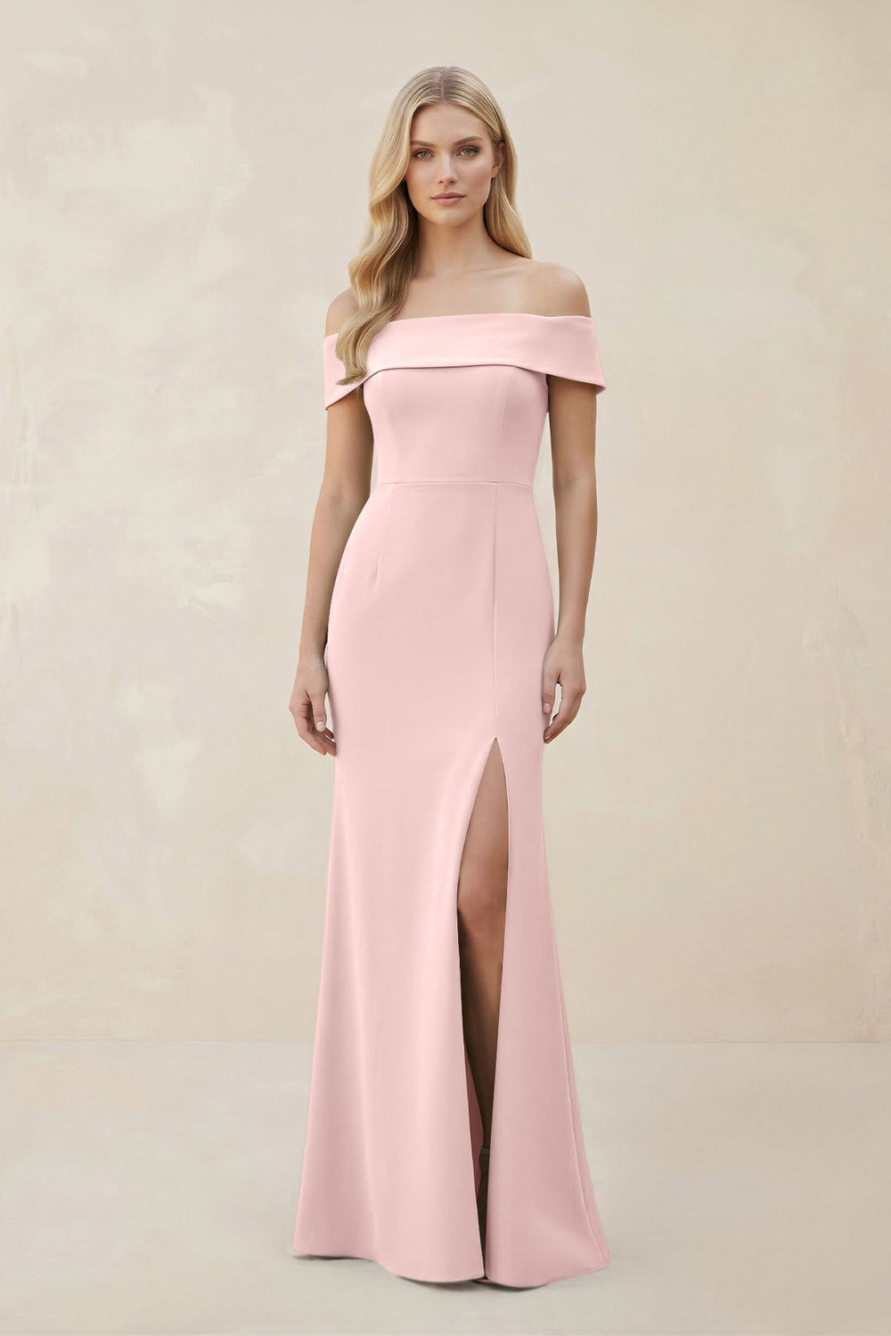 Off - the - Shoulder Satin Sheath Bridesmaid Dress With Slit in Rose Petal - SHE IS ME Bridesmaid Dresses
