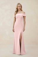 Off - the - Shoulder Satin Sheath Bridesmaid Dress With Slit in Rose Petal - SHE IS ME Bridesmaid Dresses
