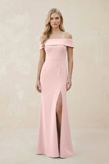 Off - the - Shoulder Satin Sheath Bridesmaid Dress With Slit in Rose Petal - KISS BRIDAL Bridesmaid Dresses