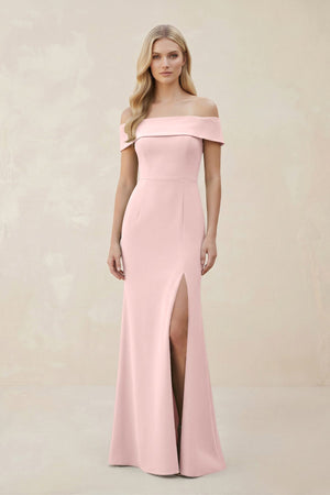 Off - the - Shoulder Satin Sheath Bridesmaid Dress With Slit in Rose Petal - SHE IS ME Bridesmaid Dresses