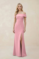 Off - the - Shoulder Satin Sheath Bridesmaid Dress With Slit in Rosette - SHE IS ME Bridesmaid Dresses